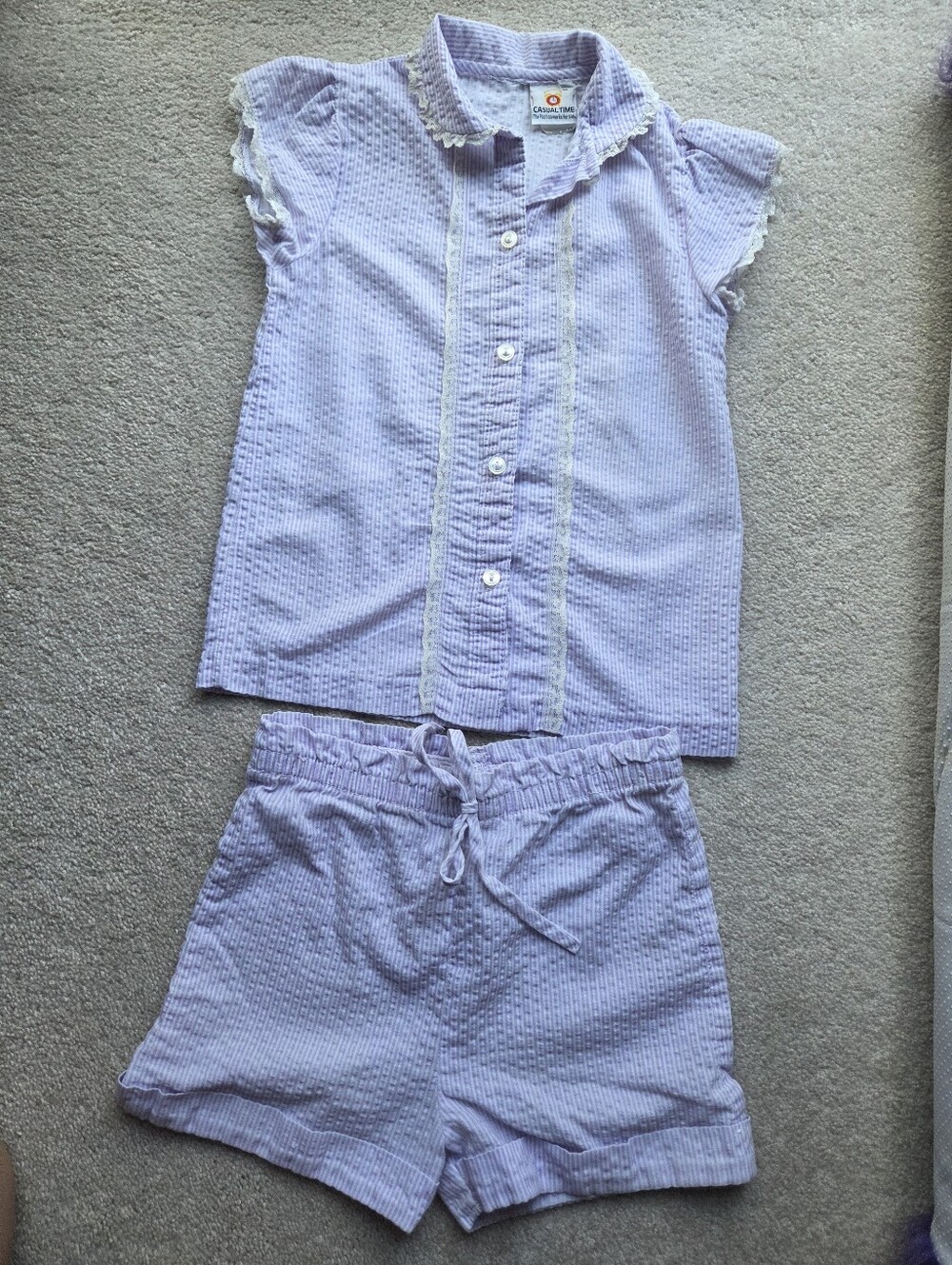 Vintage Casual Time Girls Short Outfit Purple Seersucker Sz 7